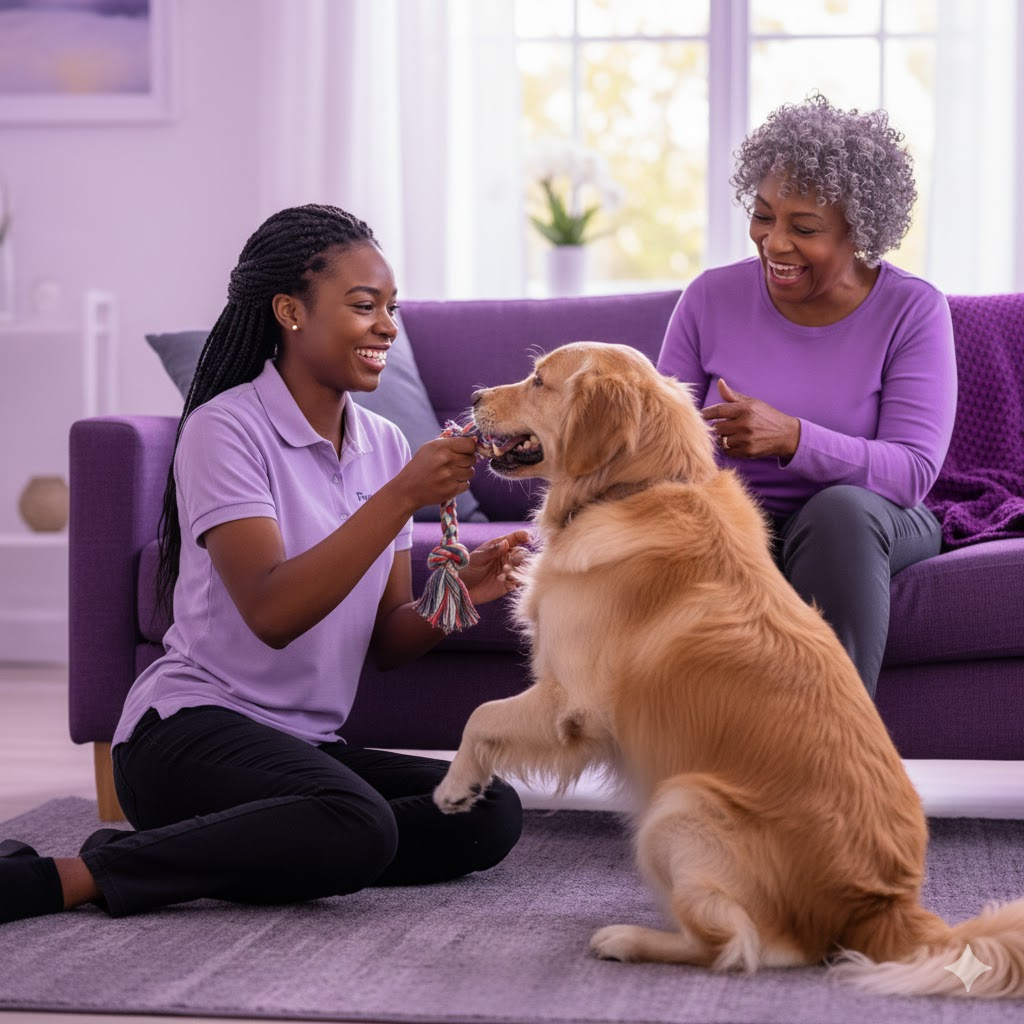 Caregiver playing with family dog and senior client